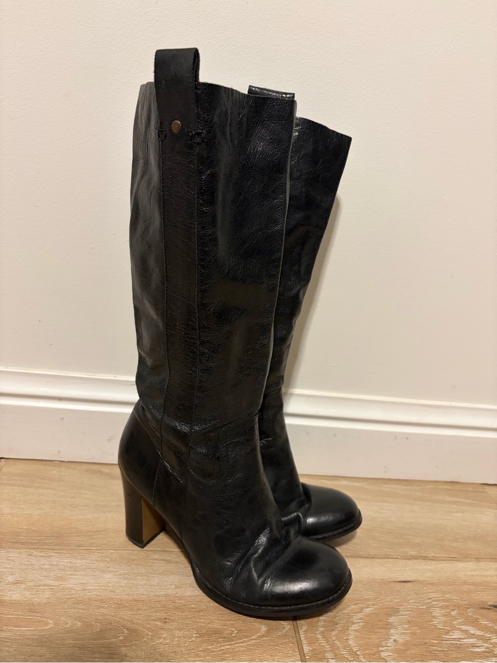 Black Leather Block Heel Boots